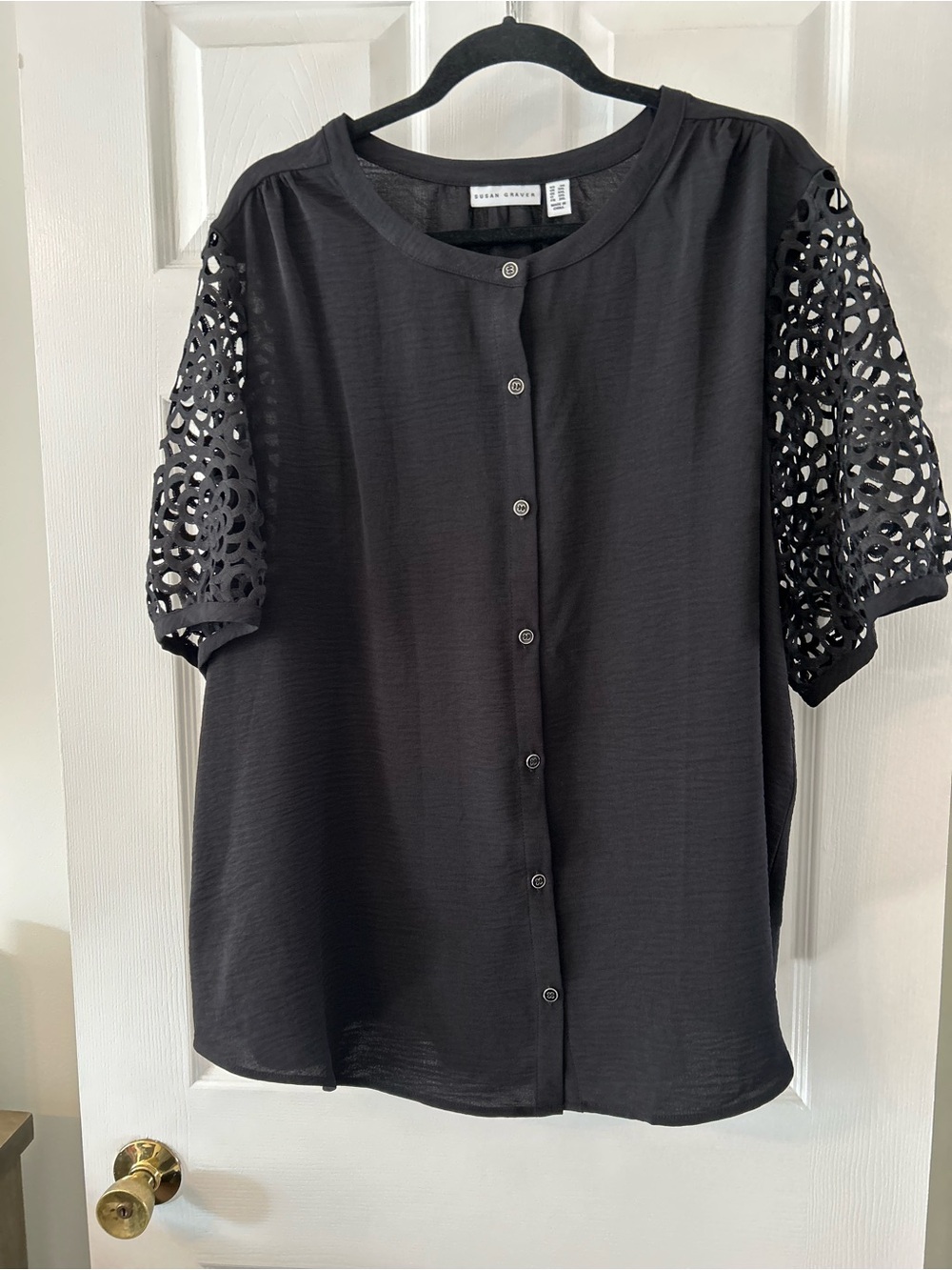 Susan Graver Black Button-Front Top with Laser-Cut Short Sleeves